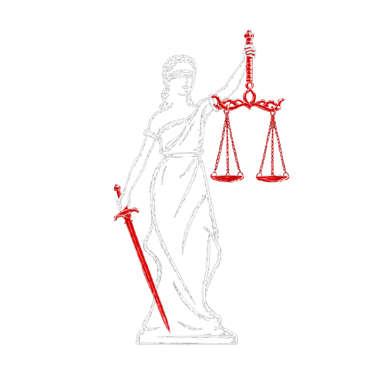 Ilustrasi Lady Justice dengan pedang dan timbangan merah