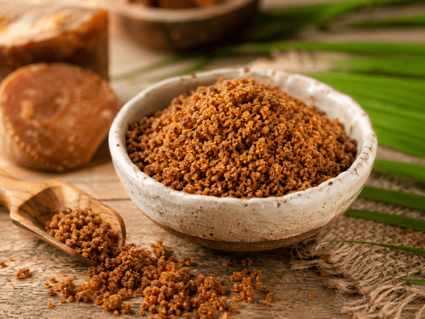 Gula semut Indonesia dalam bentuk granular yang disiapkan untuk quality control, packaging, dan kebutuhan pasar ekspor.